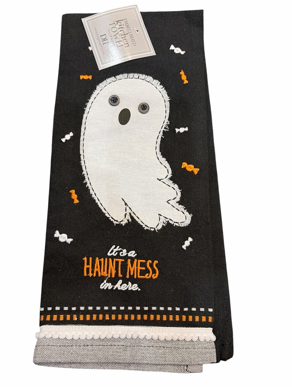 Holiday Ghost Embroidered Kitchen Towel - Black, White & Orange